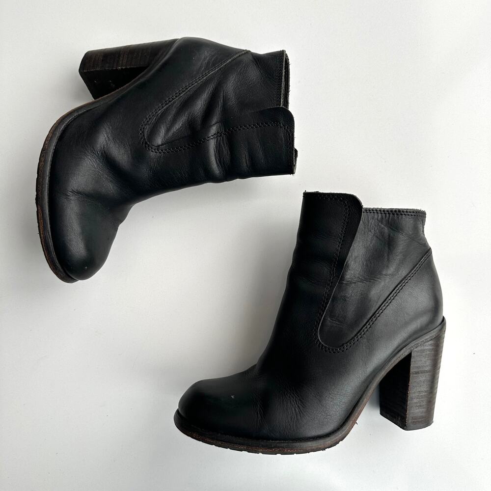 AllSaints Chunky Heel Side Zip Black Leather Round Toe Ankle Boot EU 40 US 9 9.5